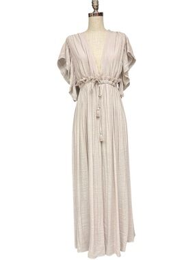 Aakaa Beige Boho Plunge Maxi Dress Tassel Tie Flutter Sleeve Size Small